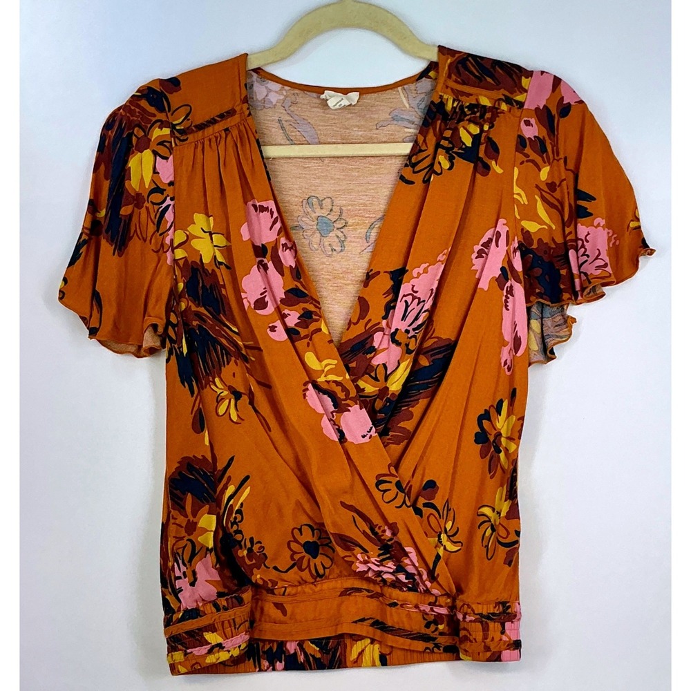 Anthropologie Tiny Floral Crossover Wrap Blouse Floral Boho Flutter Sleeve Sz XS